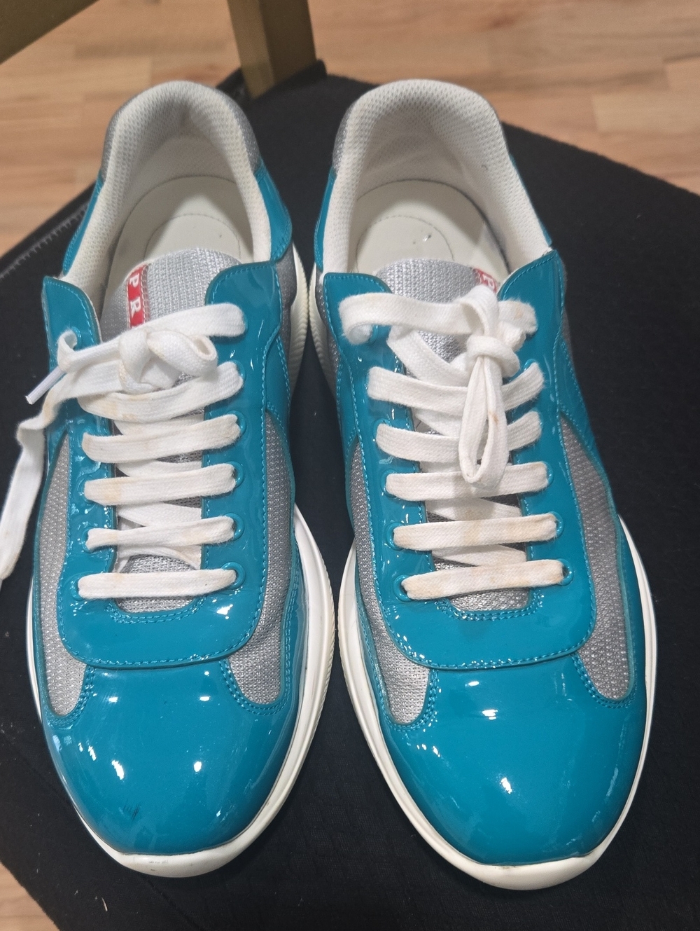 Teal Patent Leather Sneakers with Gray Mesh